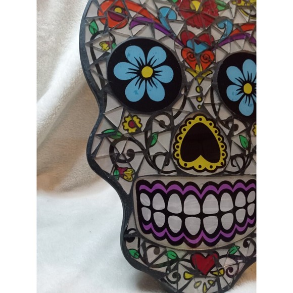 12" Sugar Skull Day Of The Dead Altars Colorful Art Glass Mosaic Stand Up Gothic - Picture 3 of 6